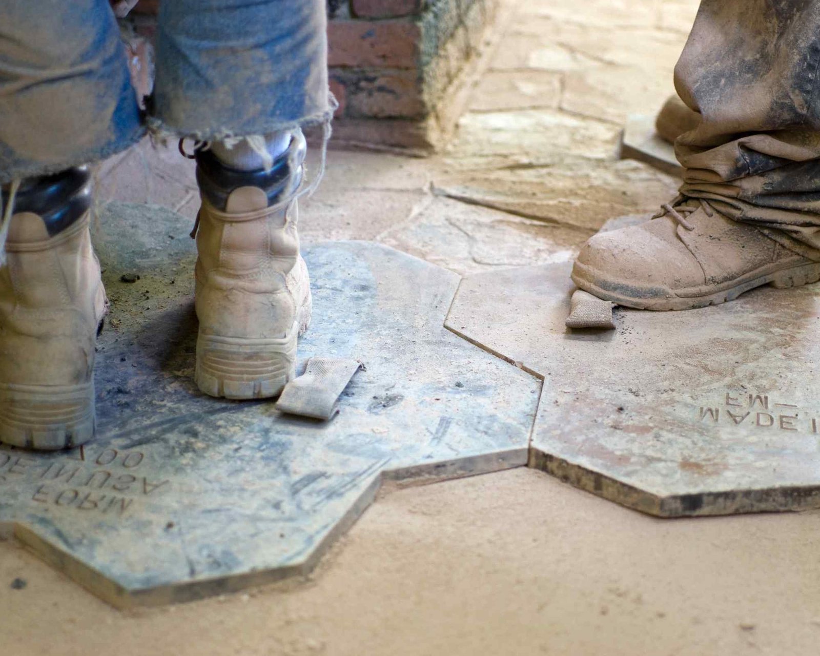 Two construction workers wearing dusty boots are laying large, irregularly-shaped floor tiles in a concrete patio installation. One worker's boot is partially on a tile while the other adjusts a different piece. The floor, set in Phoenix AZ, is covered in a layer of dust and debris.